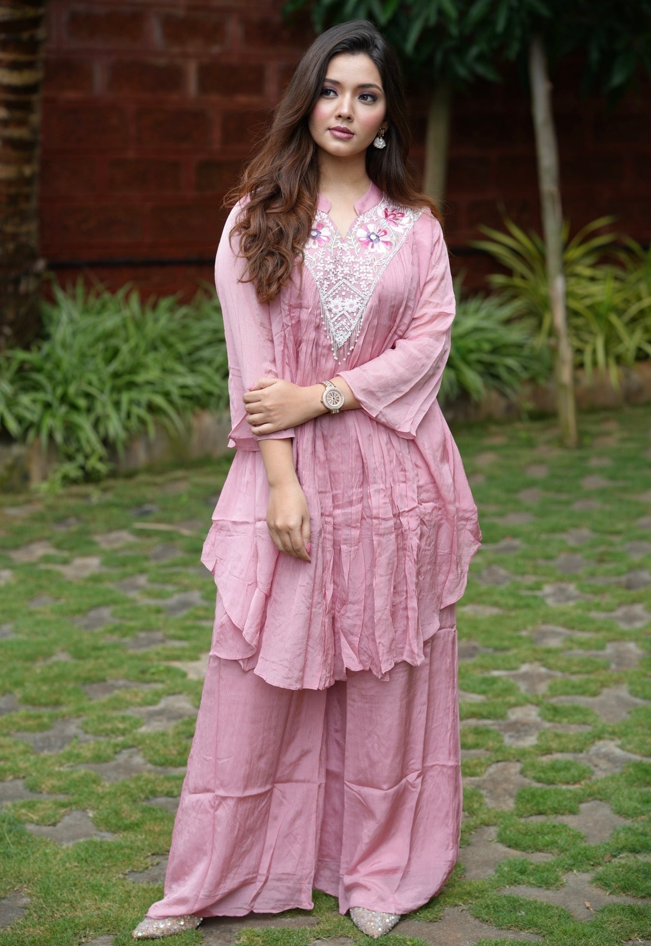 Embroidered crushed Pink Co-Ord Set