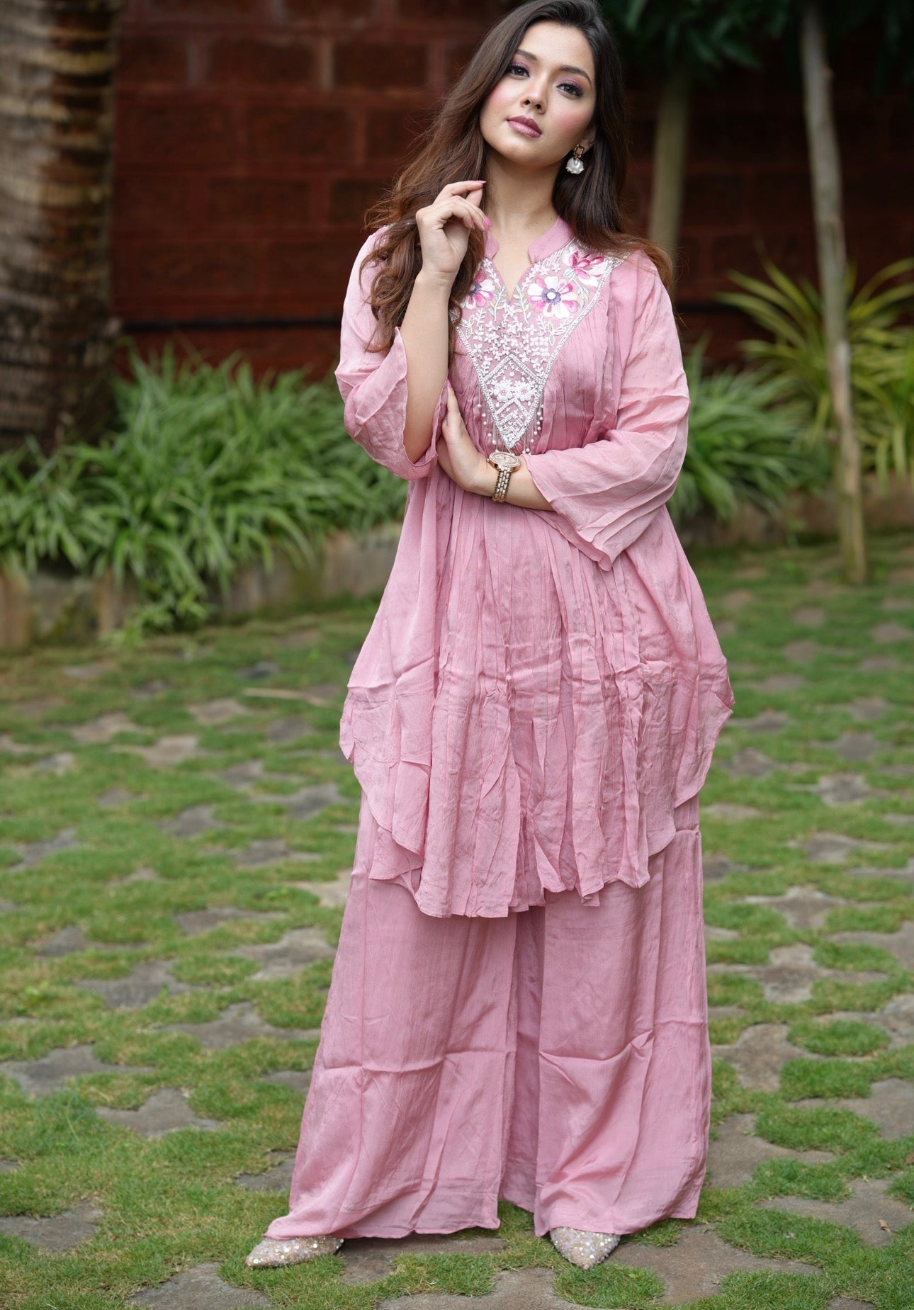 Embroidered crushed Pink Co-Ord Set
