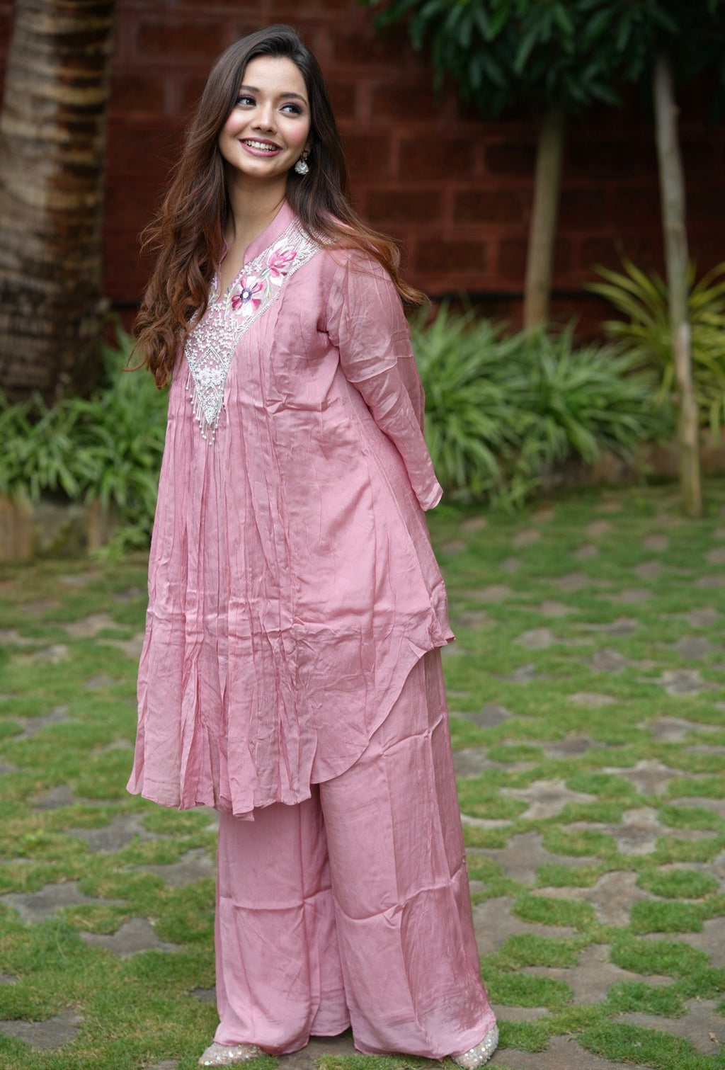 Embroidered crushed Pink Co-Ord Set