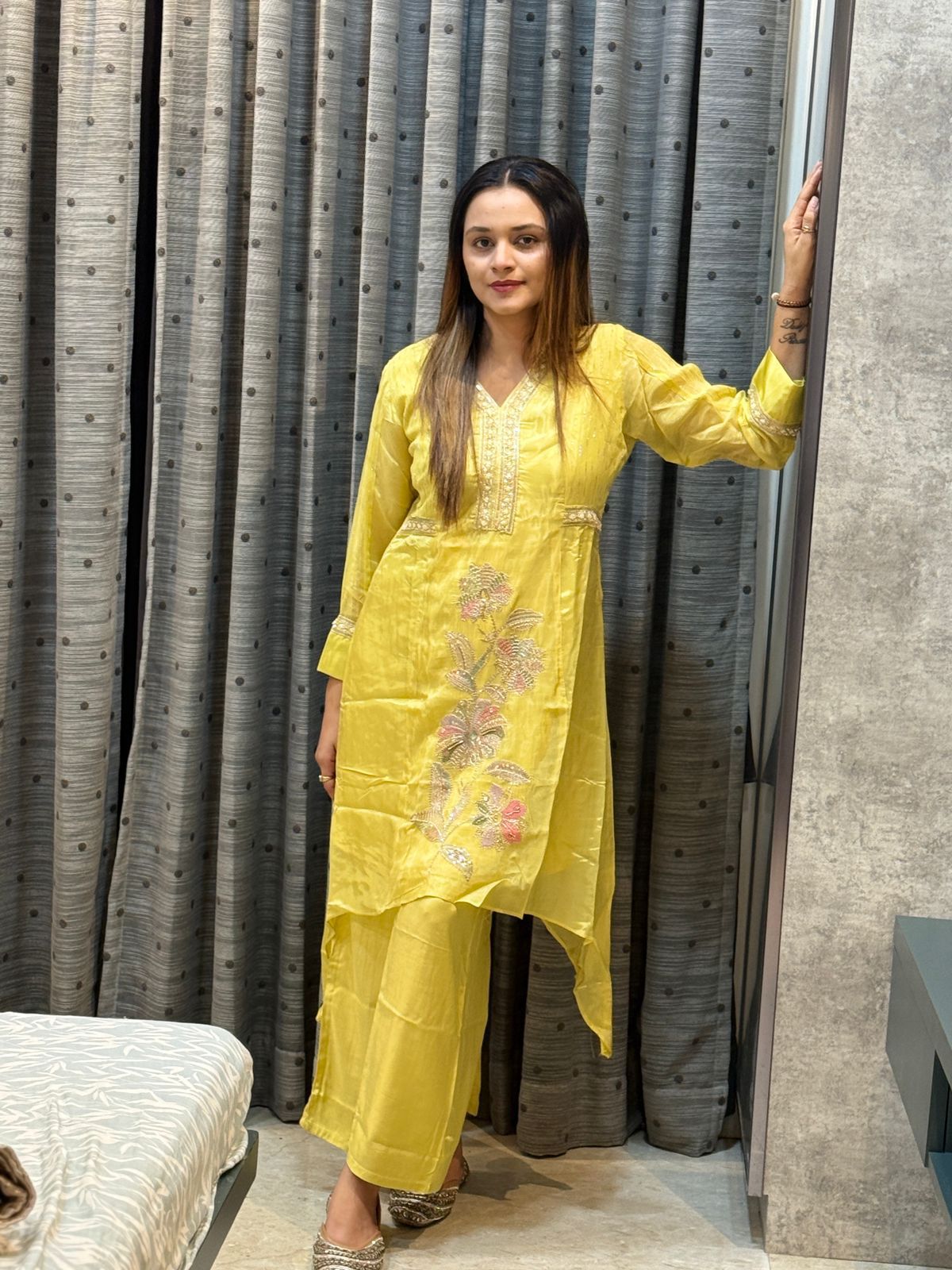 Yellow Coordset  Floral Zari And Thread Embroidery