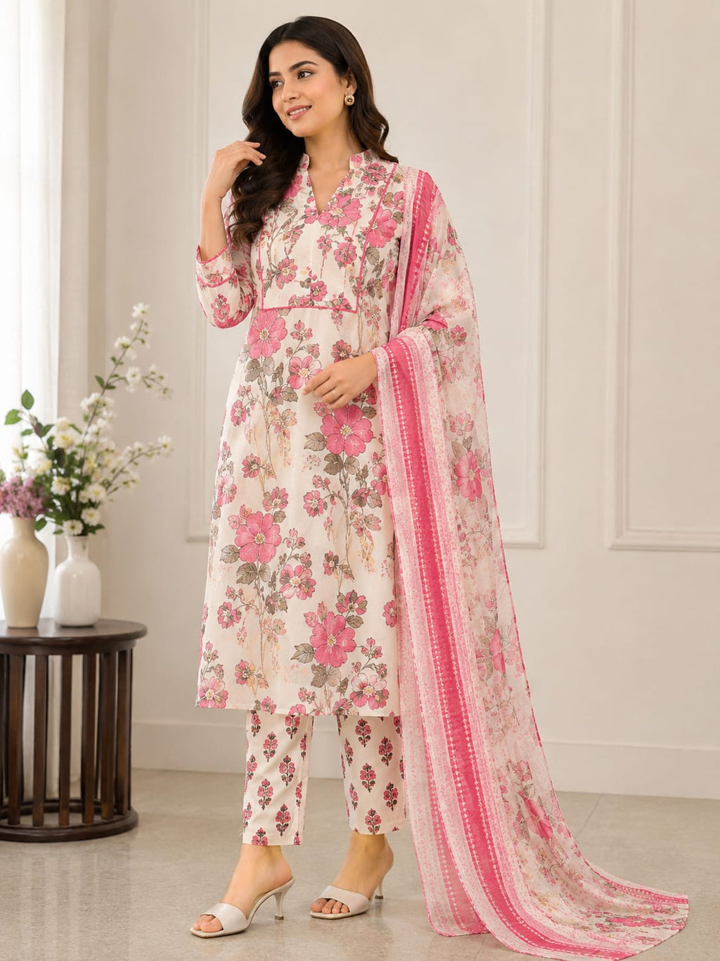 VEMES - Women Rose Garden Floral Printed Straight Kurta with Pants & Dupatta | 3-Piece Ethnic Suit Set | Pink & Off-White