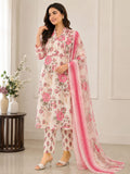 VEMES - Women Rose Garden Floral Printed Straight Kurta with Pants & Dupatta | 3-Piece Ethnic Suit Set | Pink & Off-White