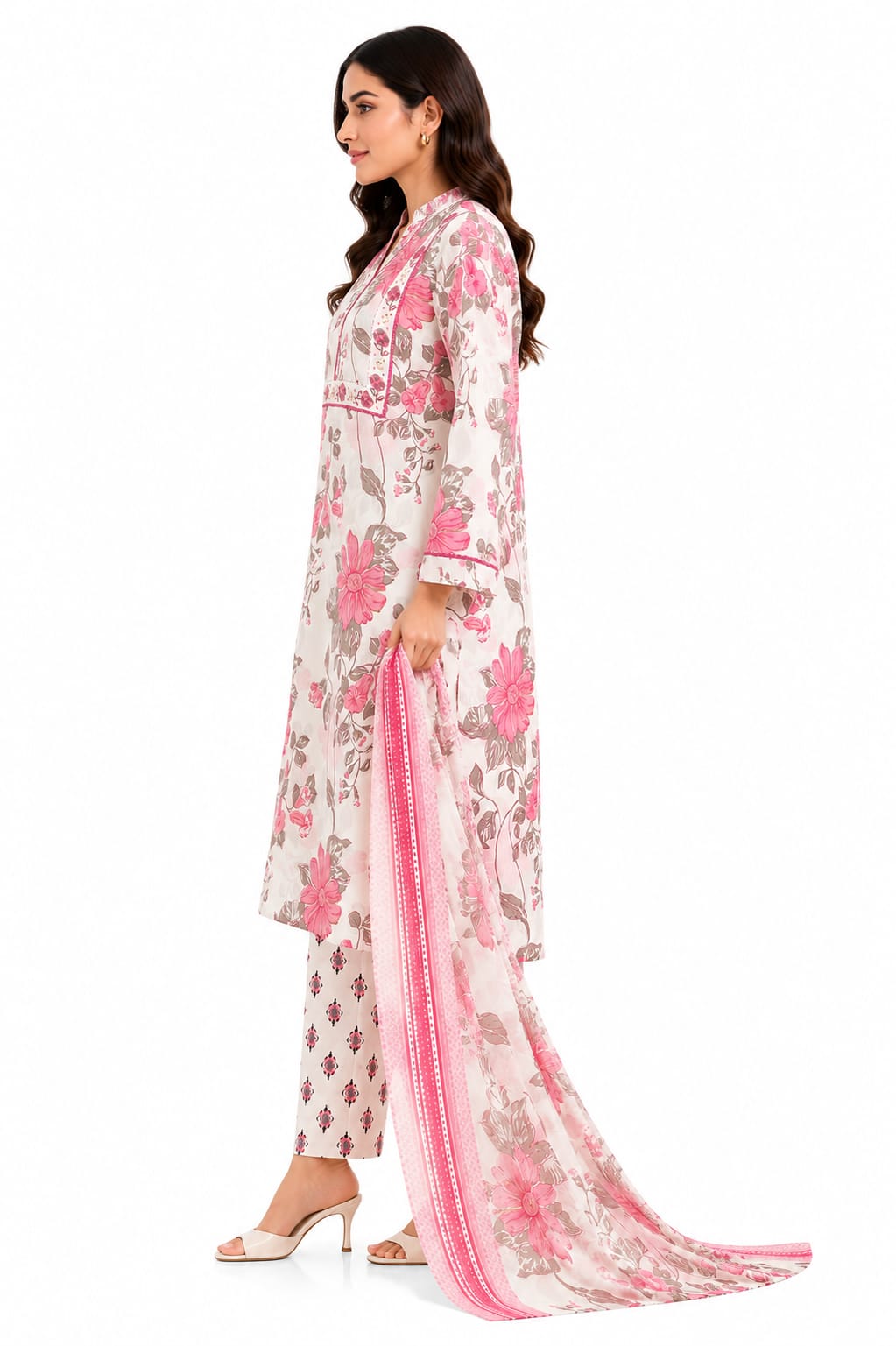 VEMES - Women Rose Garden Floral Printed Straight Kurta with Pants & Dupatta | 3-Piece Ethnic Suit Set | Pink & Off-White