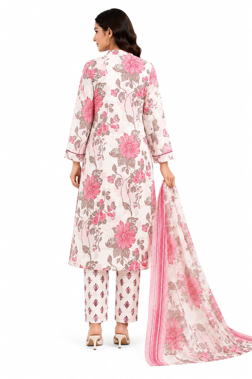 VEMES - Women Rose Garden Floral Printed Straight Kurta with Pants & Dupatta | 3-Piece Ethnic Suit Set | Pink & Off-White