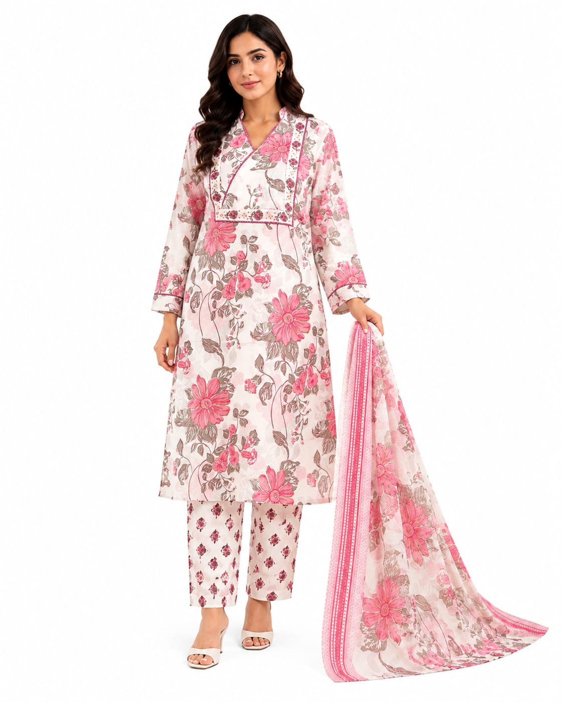 VEMES - Women Rose Garden Floral Printed Straight Kurta with Pants & Dupatta | 3-Piece Ethnic Suit Set | Pink & Off-White