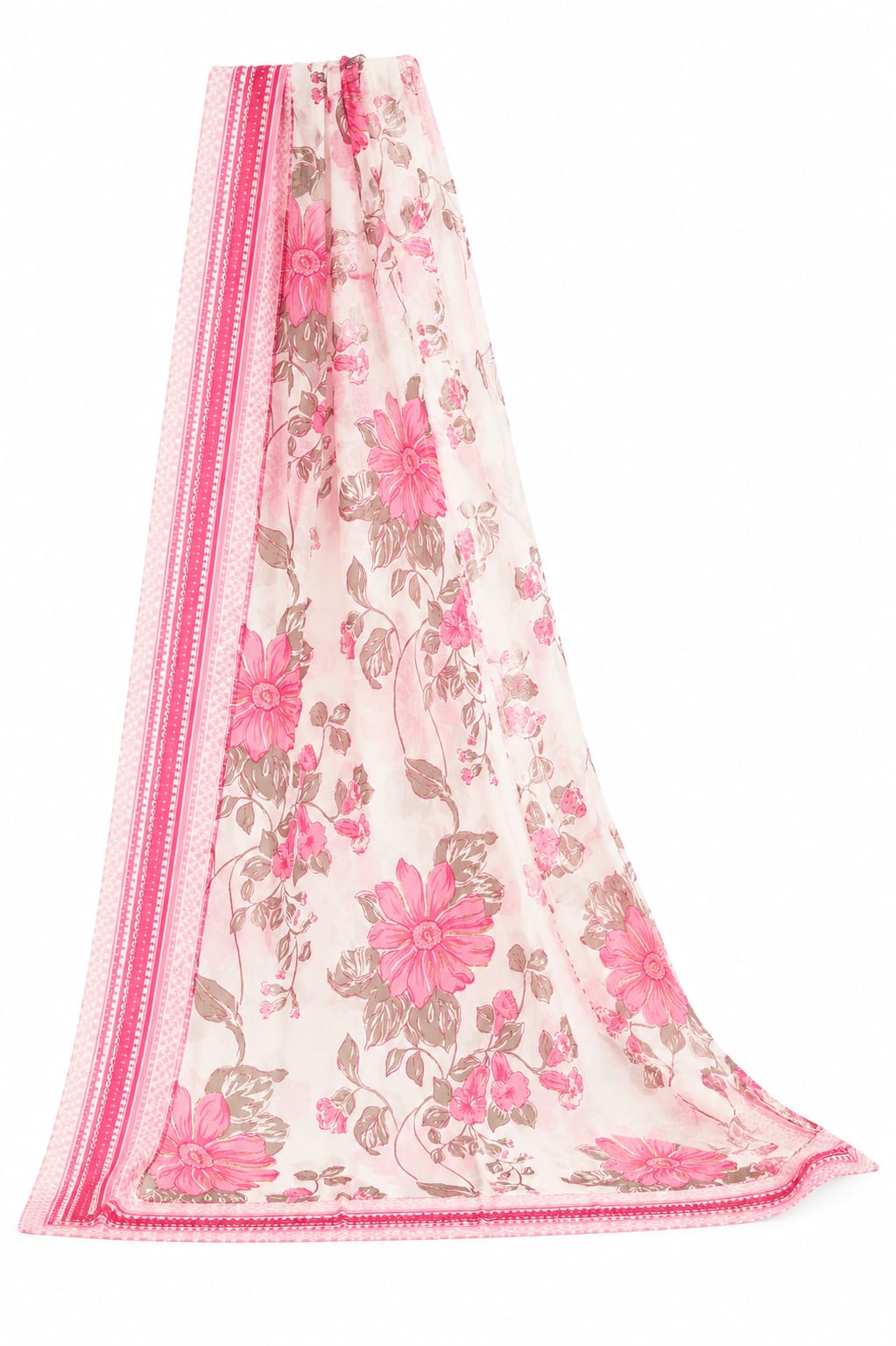 VEMES - Women Rose Garden Floral Printed Straight Kurta with Pants & Dupatta | 3-Piece Ethnic Suit Set | Pink & Off-White