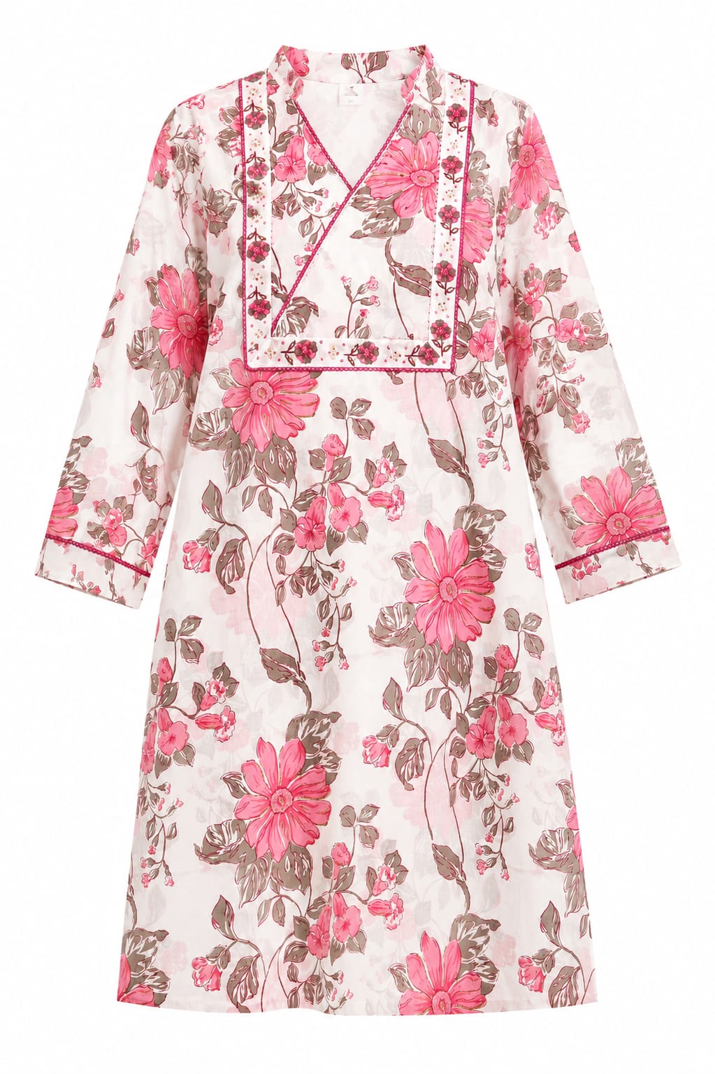 VEMES - Women Rose Garden Floral Printed Straight Kurta with Pants & Dupatta | 3-Piece Ethnic Suit Set | Pink & Off-White